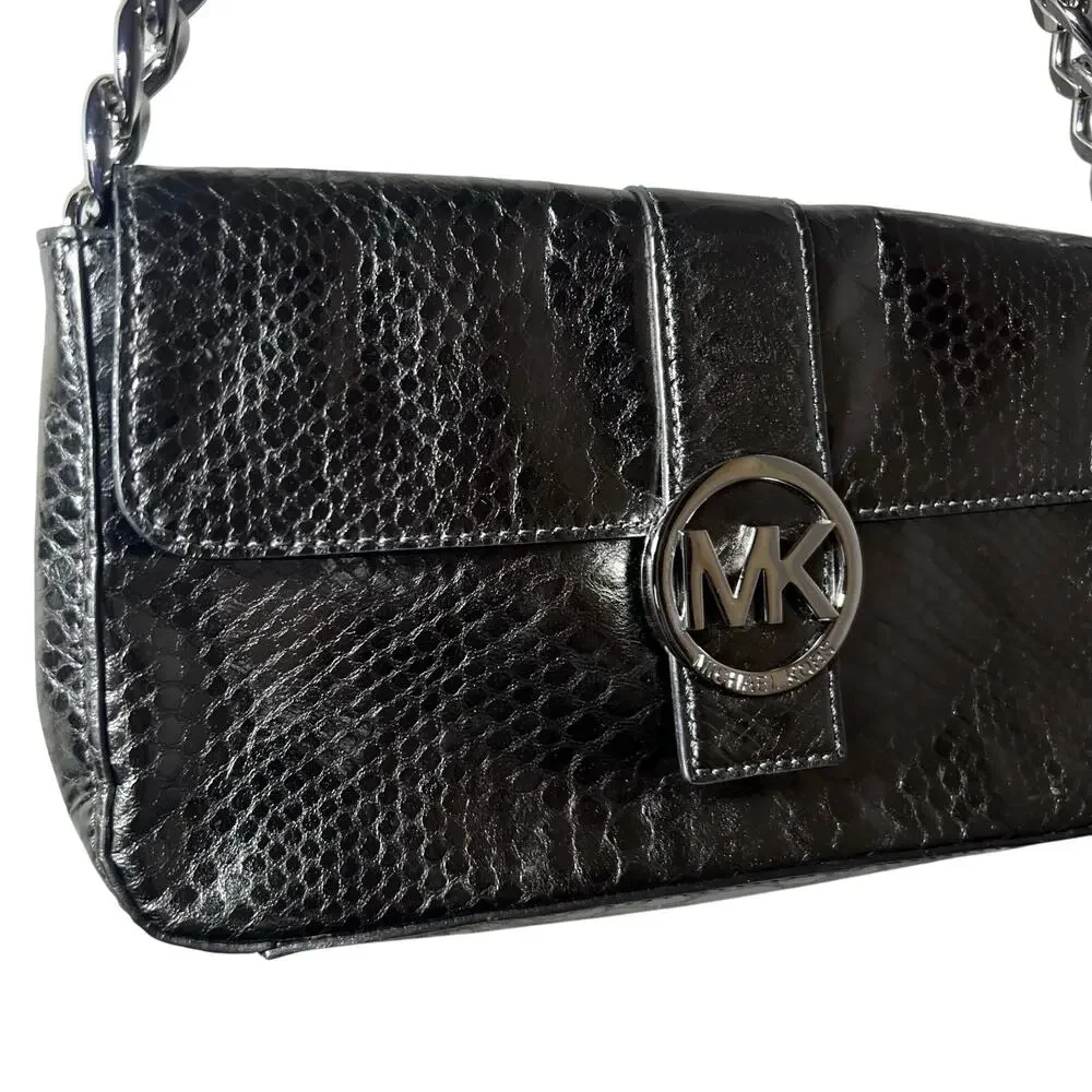Michael Kors Fulton Small Flap Leather Shoulder Bag black Gunmetal metallic